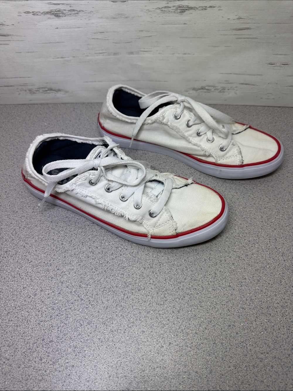 Kids White Canvas Sneakers with Red Trim